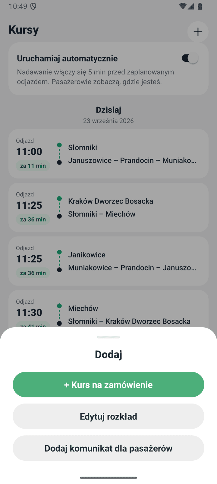 Arkusz Dodaj w aplikacji MiniBusik Kierowca z opcją Kurs na zamówienie