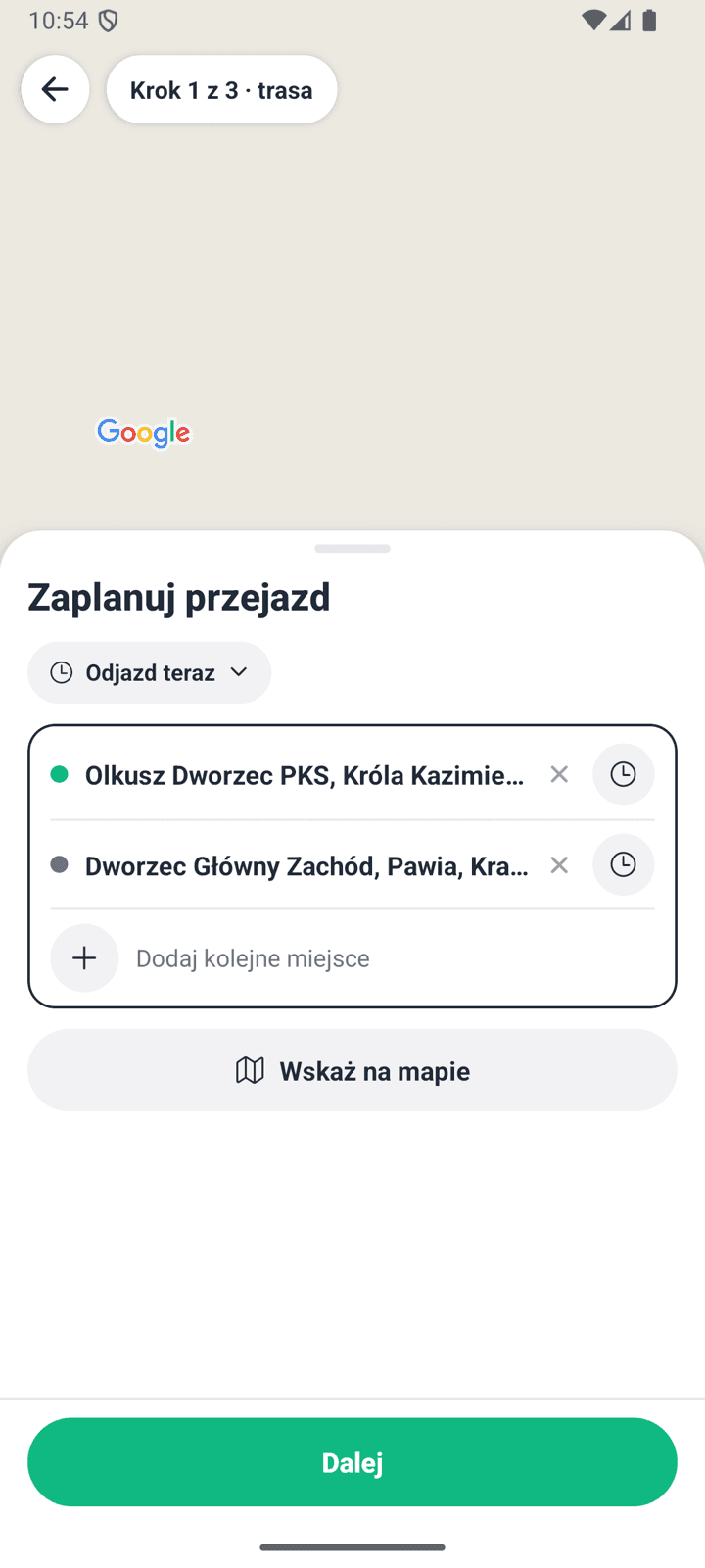 Ekran Zaplanuj przejazd z dwoma punktami trasy: Olkusz Dworzec PKS i Kraków Dworzec Główny