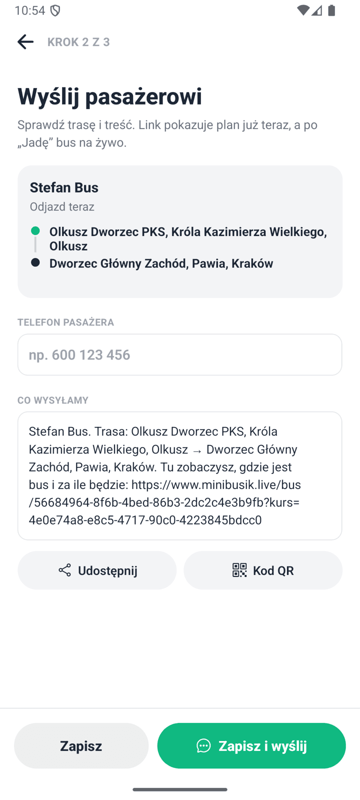 Ekran Wyślij pasażerowi z podsumowaniem trasy, polem na telefon i treścią SMS-a z linkiem