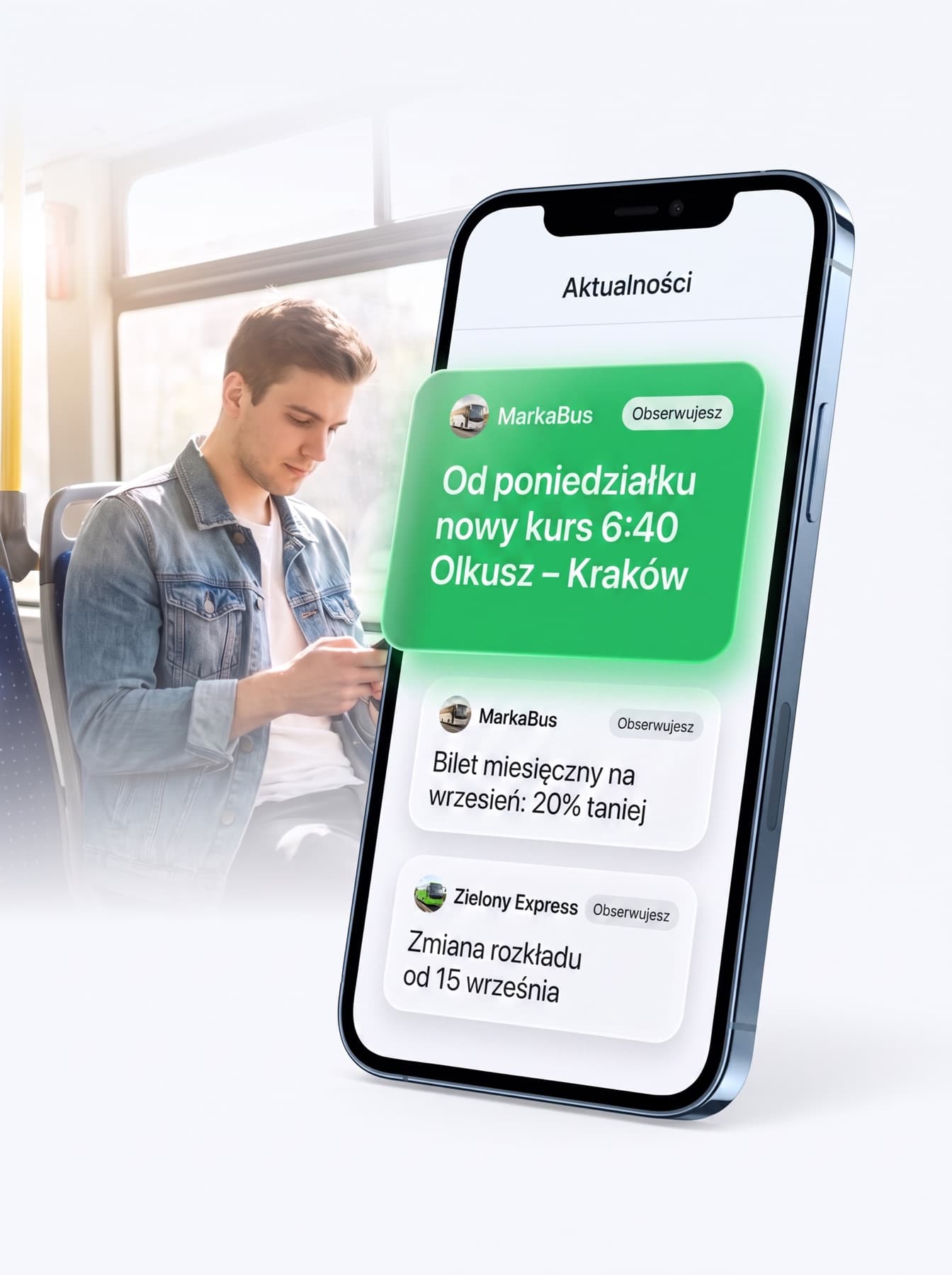 Pasażer w busie przegląda w telefonie aktualności przewoźników, których obserwuje: nowy kurs, bilet miesięczny, zmiana rozkładu