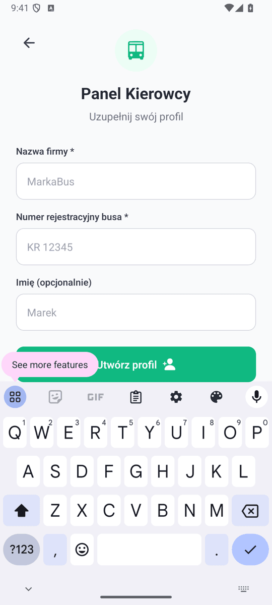 Formularz profilu: nazwa firmy, numer rejestracyjny busa, imię