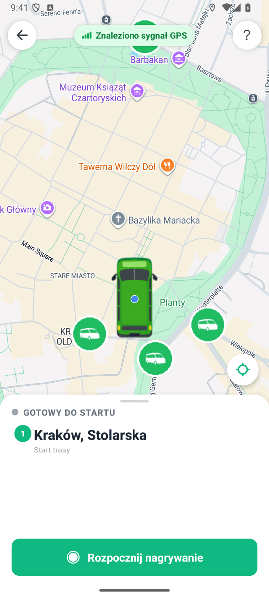 Ekran nagrywania trasy z busem na mapie i przyciskiem Rozpocznij nagrywanie