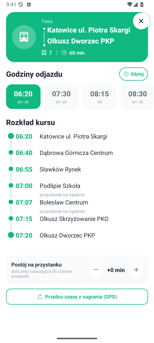 Ekran rozkładu z godzinami odjazdów i listą przystanków z czasami
