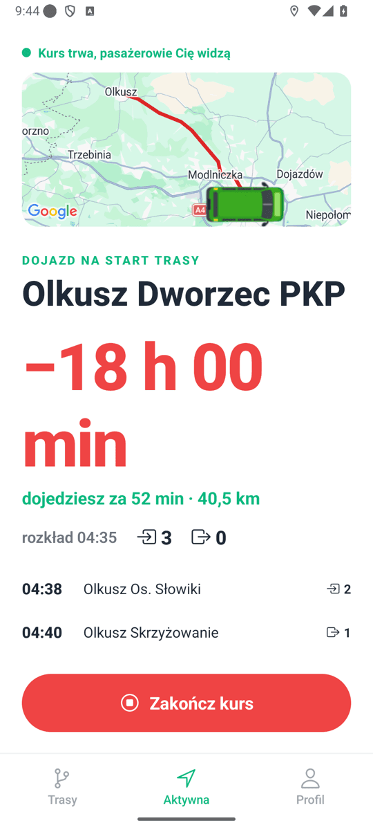 Ekran aktywnego kursu z busem na mapie i czasem dojazdu do przystanku