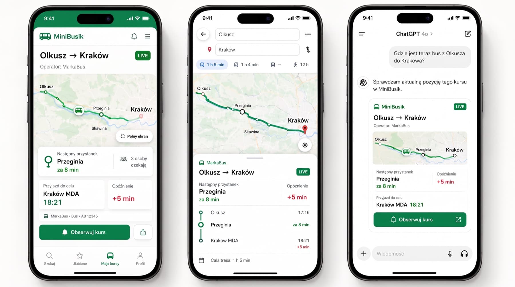 Trzy ekrany telefonu: bus na żywo w aplikacji MiniBusik, ten sam kurs w Mapach Google i odpowiedź czatu AI z pozycją busa
